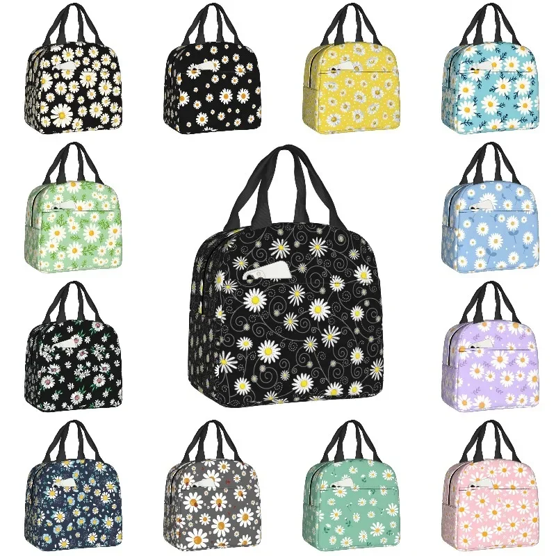 Black Daisy Flower Lunch Bag Daisies Floral Resuable Cooler Thermal Insulated Lunch Box for Women Kids Camping Picnic Food Bag