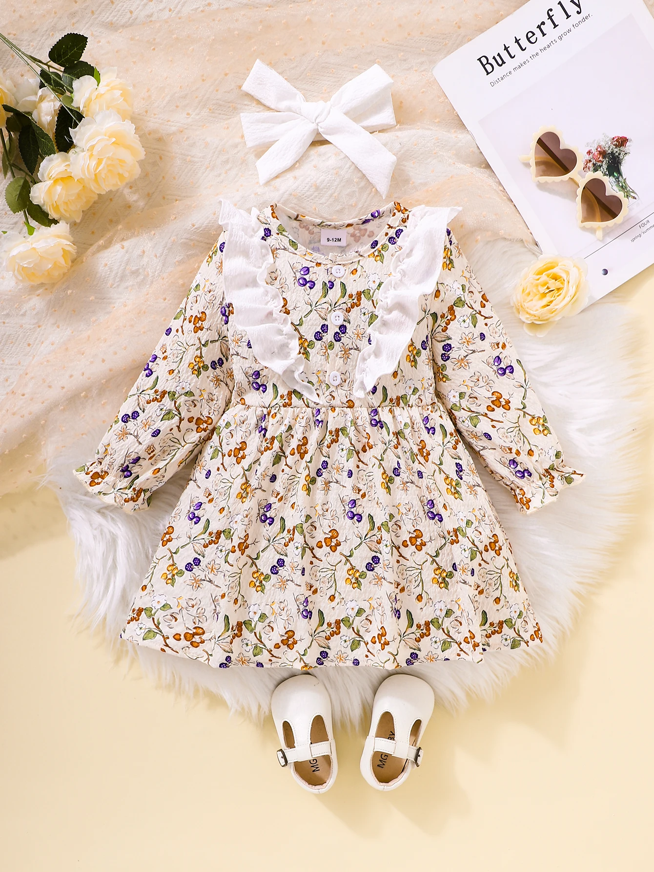 Girls Floral Print Dress Set with Full Print Small Flowers Long Sleeves Princess Skirt And Butterfly Knot Hair Accessory