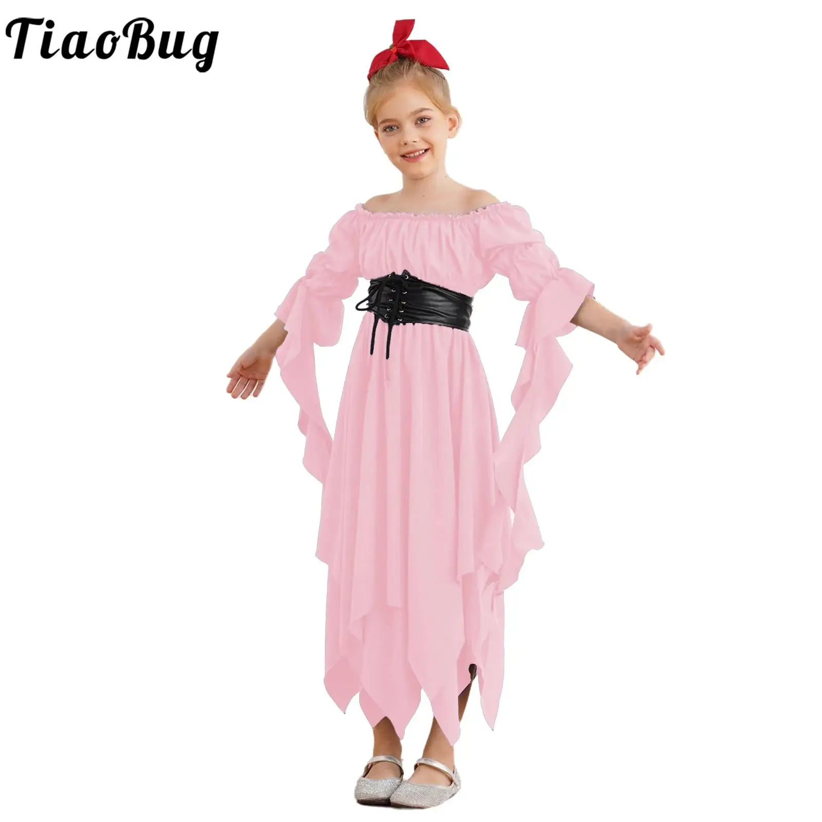 

Kid Girls Medieval Renaissance Gothic Costume Halloween Fairy Fancy Dress Up Off Shoulder Irregular Dress with PU Leather Corset