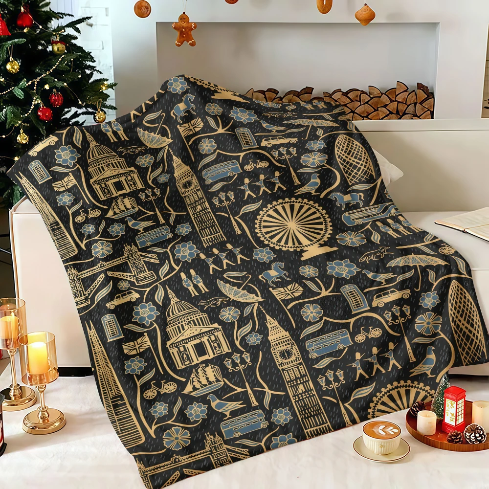 Black Gold London Landmark City Line Art Flannel Blanket Soft Fuzzy Plush Cozy Lightweight Throw for Sofa Bed Couch