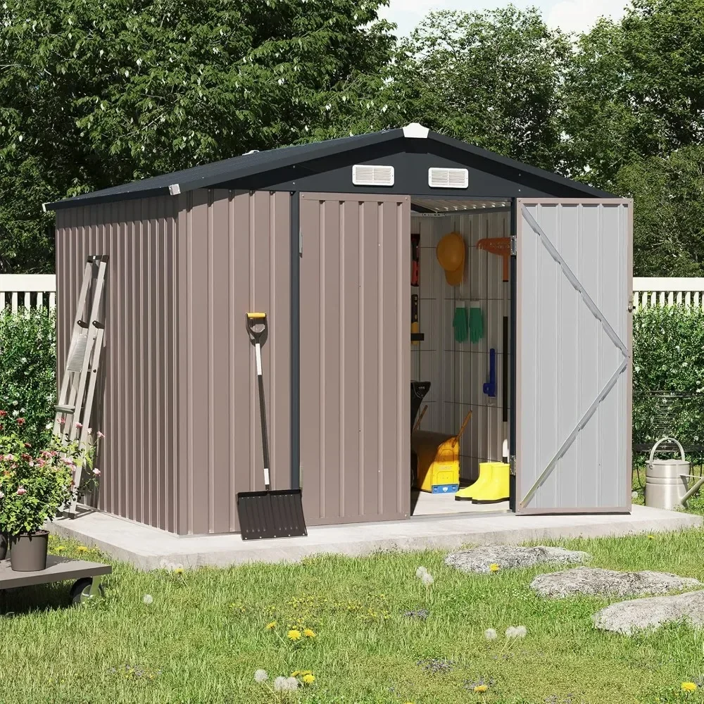 8 x 6 FT Outdoor Storage Shed, Metal Garden Tool Shed, Outside Sheds & Outdoor Storage Galvanized Steel w/Lockable Door