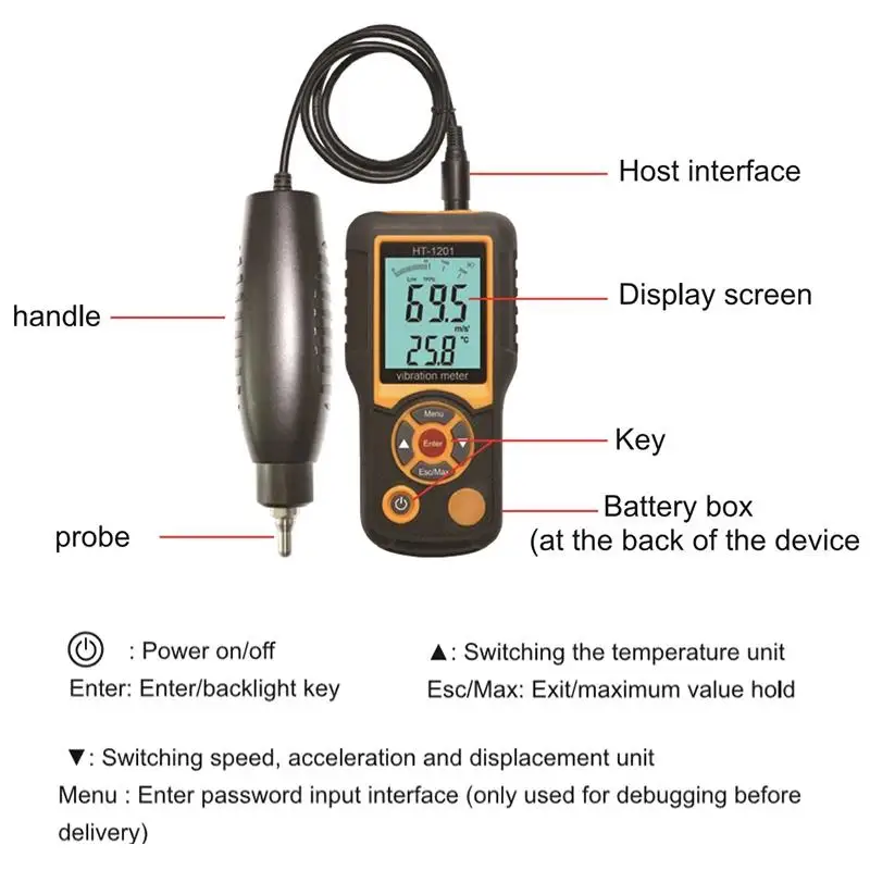 HTI HT-1201 Portable LCD Vibration Analyzer Tester Meter Vibrometer Gauge 0.1-199.9m/s Digital Split Type Vibrometer