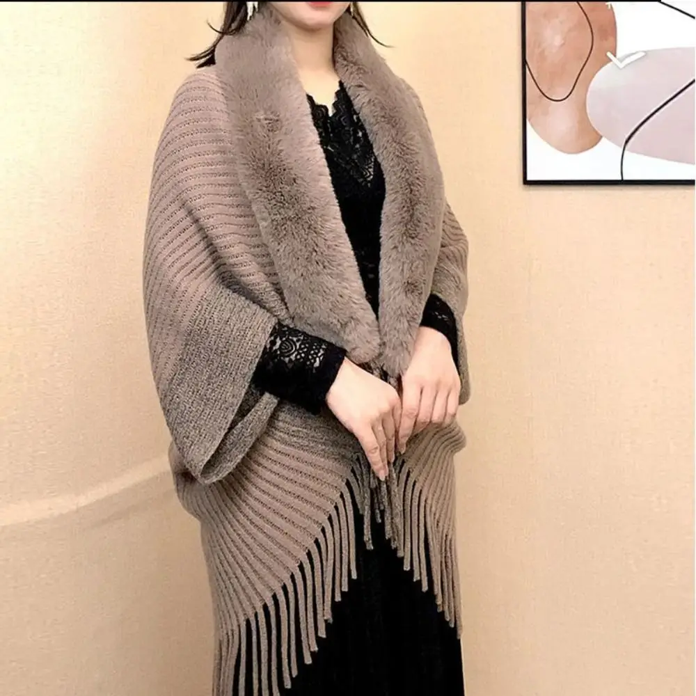 Fashion Cardigan Cape Cloak Faux Fur Collar Plush Wraps Knitting Shawl Winter Warm