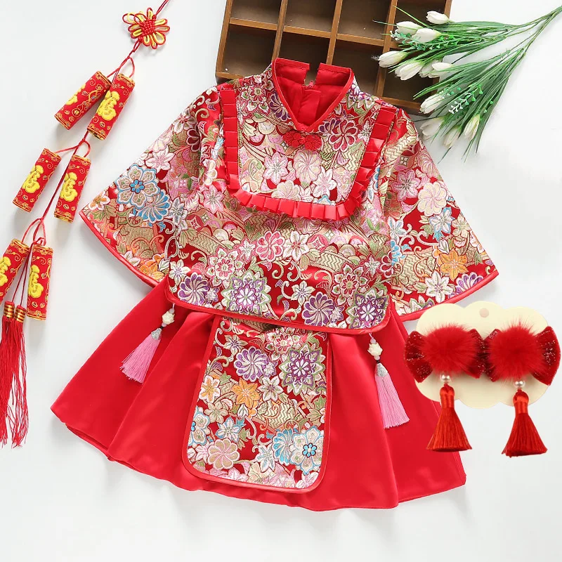 Children Tang Dress Red Embroidery Chinese Style Girl Baby First Birthday Dress Baby Kid Happy New Year Clothes Set