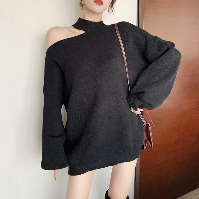 

Women's Fashion Spring Autumn New Korean High Quality Polyester Blend Sexy Shoulder Bared Knitted Sweater Loose Lazy Style