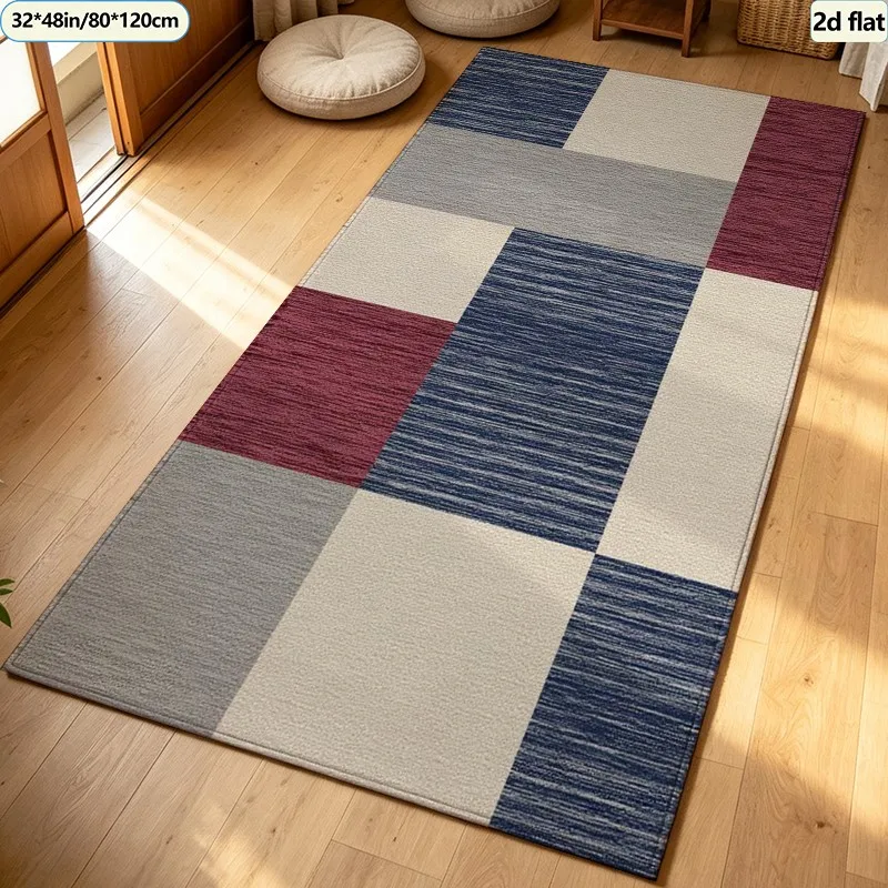 Modern Patchwork Plaid Carpet Flooring, Navy Burgundy Beige Grey Splicing Area Rug Anti‑Slip Floor Mat for Living Room Entryway Home Decoration