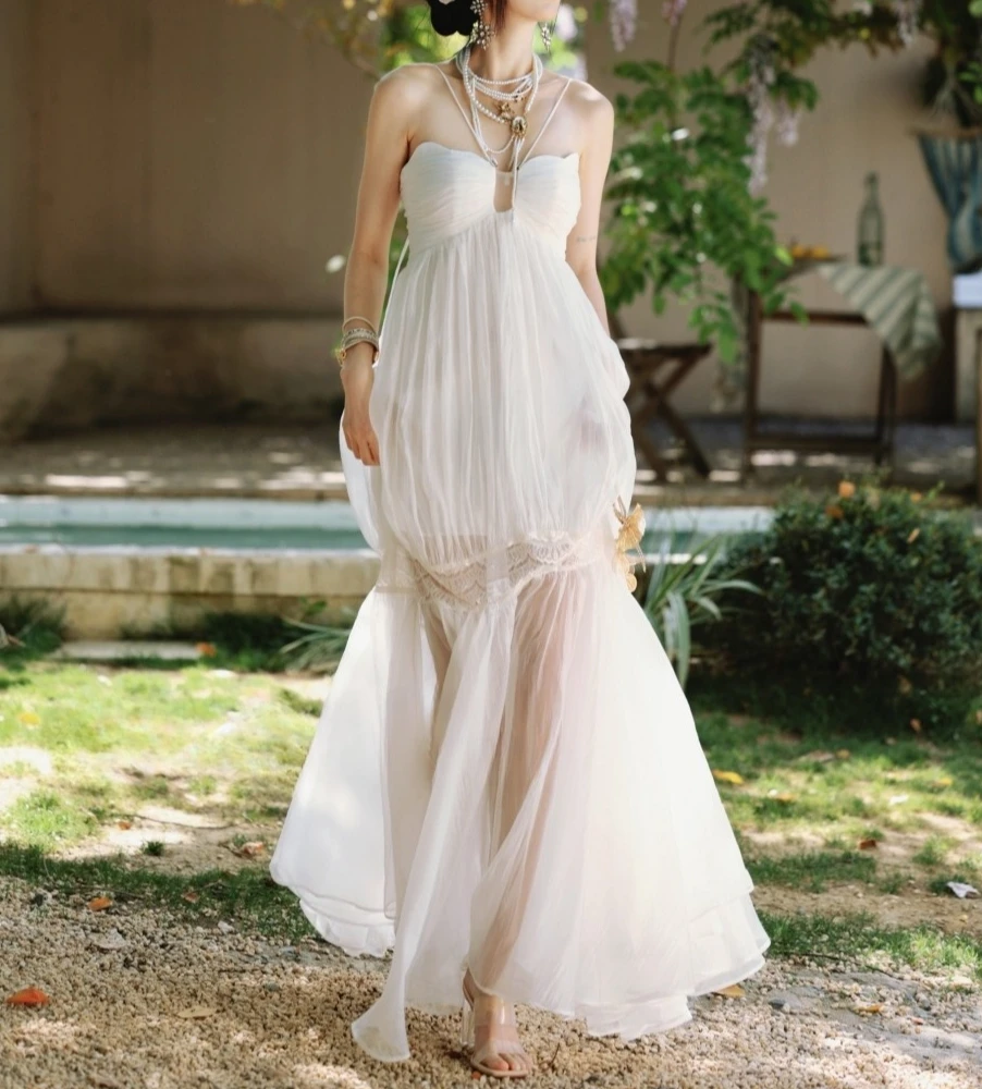 화이트 엘레강트 드레스 여성 백리스 슬리브리스 스트랩 스파게티 맥시 베스티도스 바디콘 스트리트웨어 빈티지 파티 의류 여성용