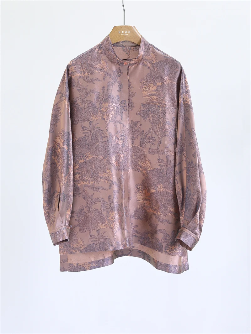 

Silk irt Purple Gold Embroidery Loose Comfortable Ele Small Stand Collar Chinese Sle Women's Top M602