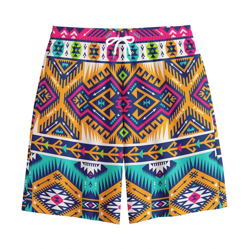 

Aztec Ethnic Pattern Board Shorts For Men Unique 3D Print Stripe Design Fashion Loose Beach Short Personality Summer Swim Trunk