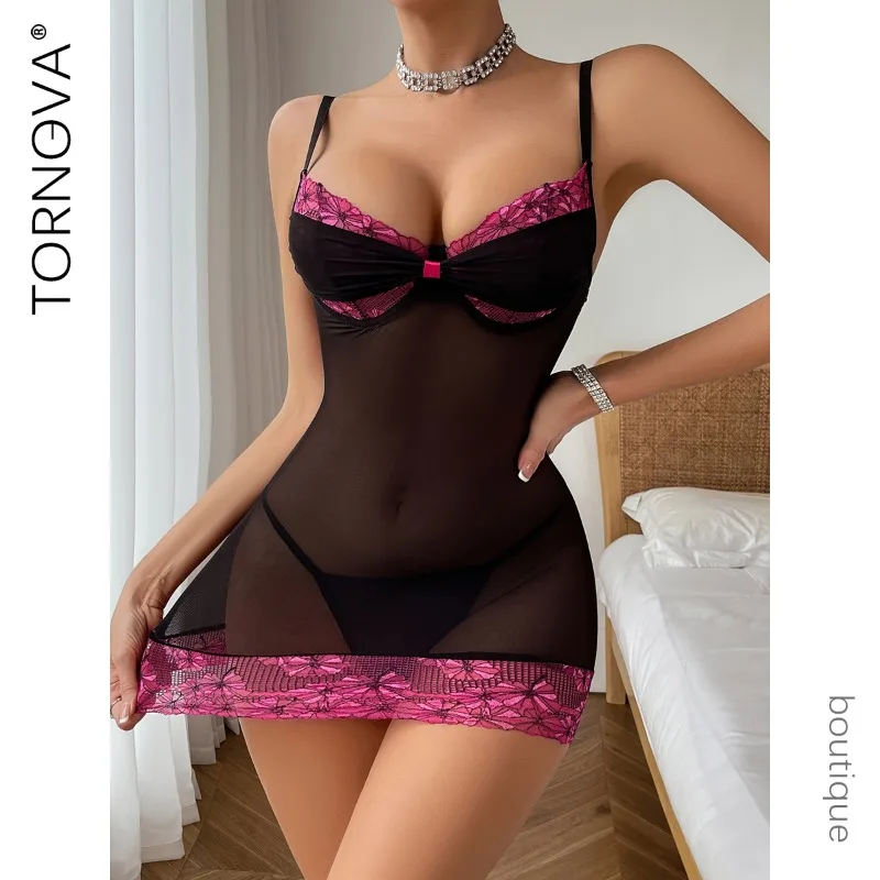 

Tornova Sexy Lingerie Onesie for Women Mesh Patchwork See-through Sling Dress Sexy Slash Neck Backless Women's Lingerie Dress