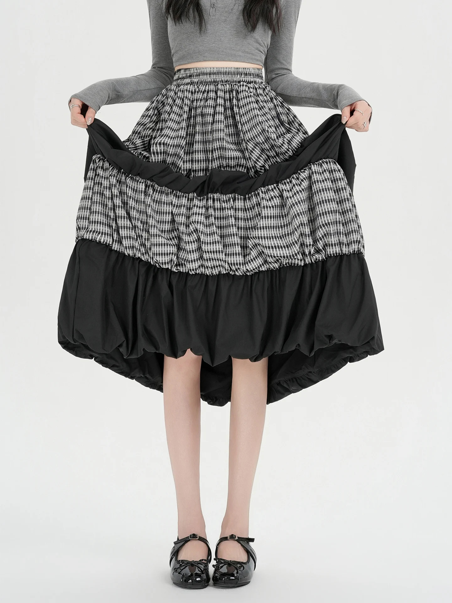 

Ретро-юбка в корейском стиле с клетчатыми вставками, длинная, А-силуэт, фасон «кейк», весенний дизайн, с завышенной талией, повседневная, из других материалов