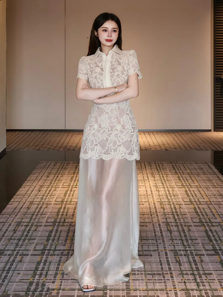 

Lace Splice Dress Elegant Fashionable Lady's Ball Gown Long Skirt Short Sleeve Deep V Neck mid Waist a Line Skirt
