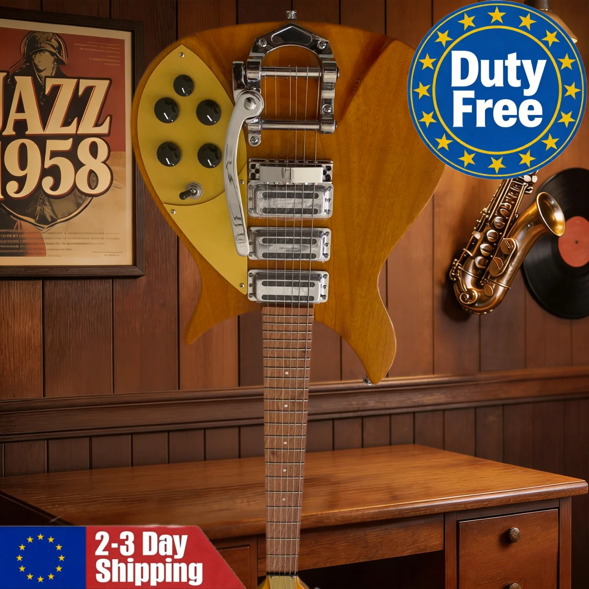 Deutsches Lager Gelber Rosenholz-Hals Gitarre HHH-Tonabnehmer Mahagoni-Korpus Verstellbare Tremolo-Brücke Geburtstagsgeschenk Reichhaltiger Klang