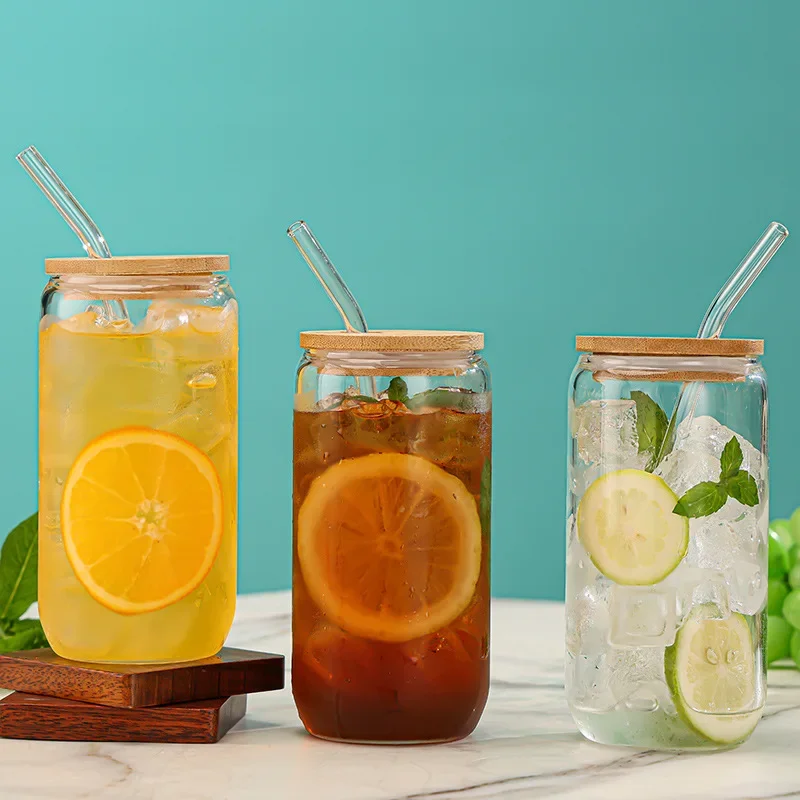 

16oz High Borosilicate Cola Water Cup Simple Heat Resistant Coffee Drink Clear Straw Glass with Bamboo Lid Glass Cup