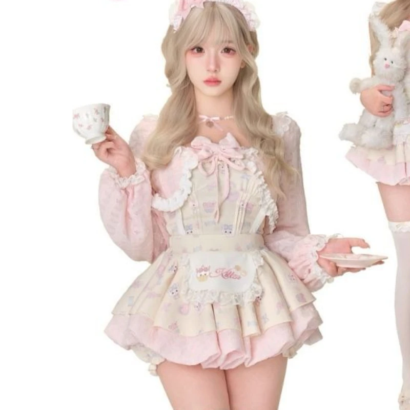 일본 달콤한 로리타 스타일 3피스 세트 여성용 귀여운 레이스 가디건 리본 슬림 크롭 탑 만화 고양이 프린트 스트랩 드레스 Y2K 귀여운 세트