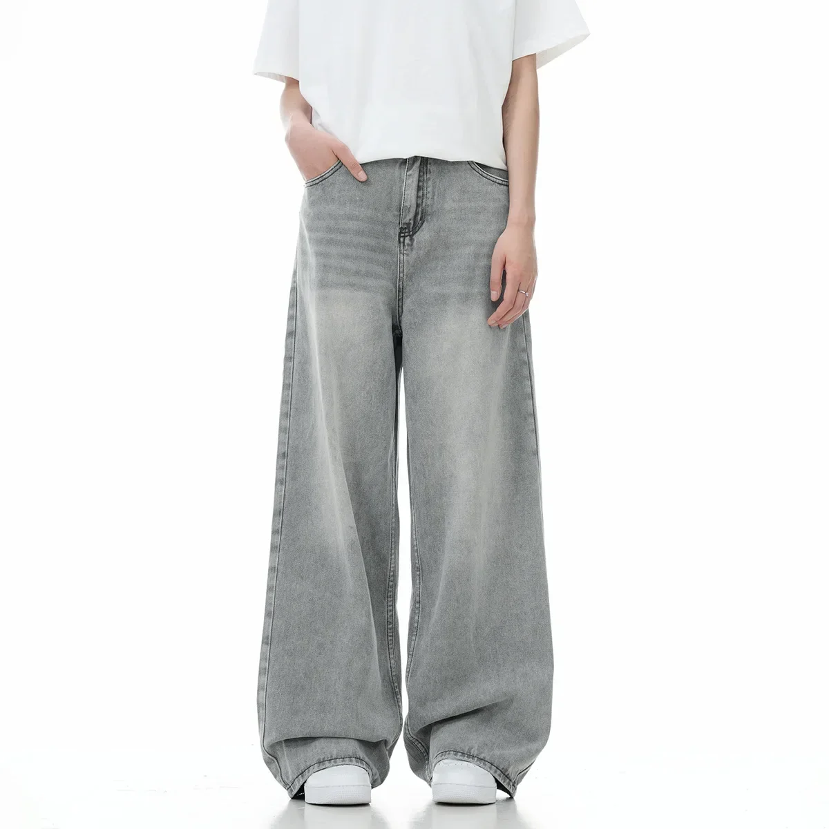 

LIBIELIY Grey Washed Casual Wide Leg Straight Cut Men's Jeans American High Street Style Loose Fit Long Trousers