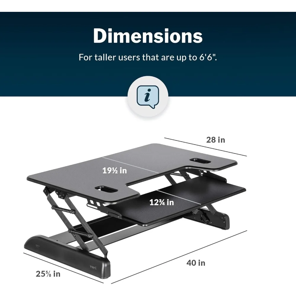 Convertidor de escritorio de pie 40 de ancho, 11 alturas ajustables, diseño de doble nivel, bandeja para teclado, se adapta a escritorios hasta 28 de profundidad