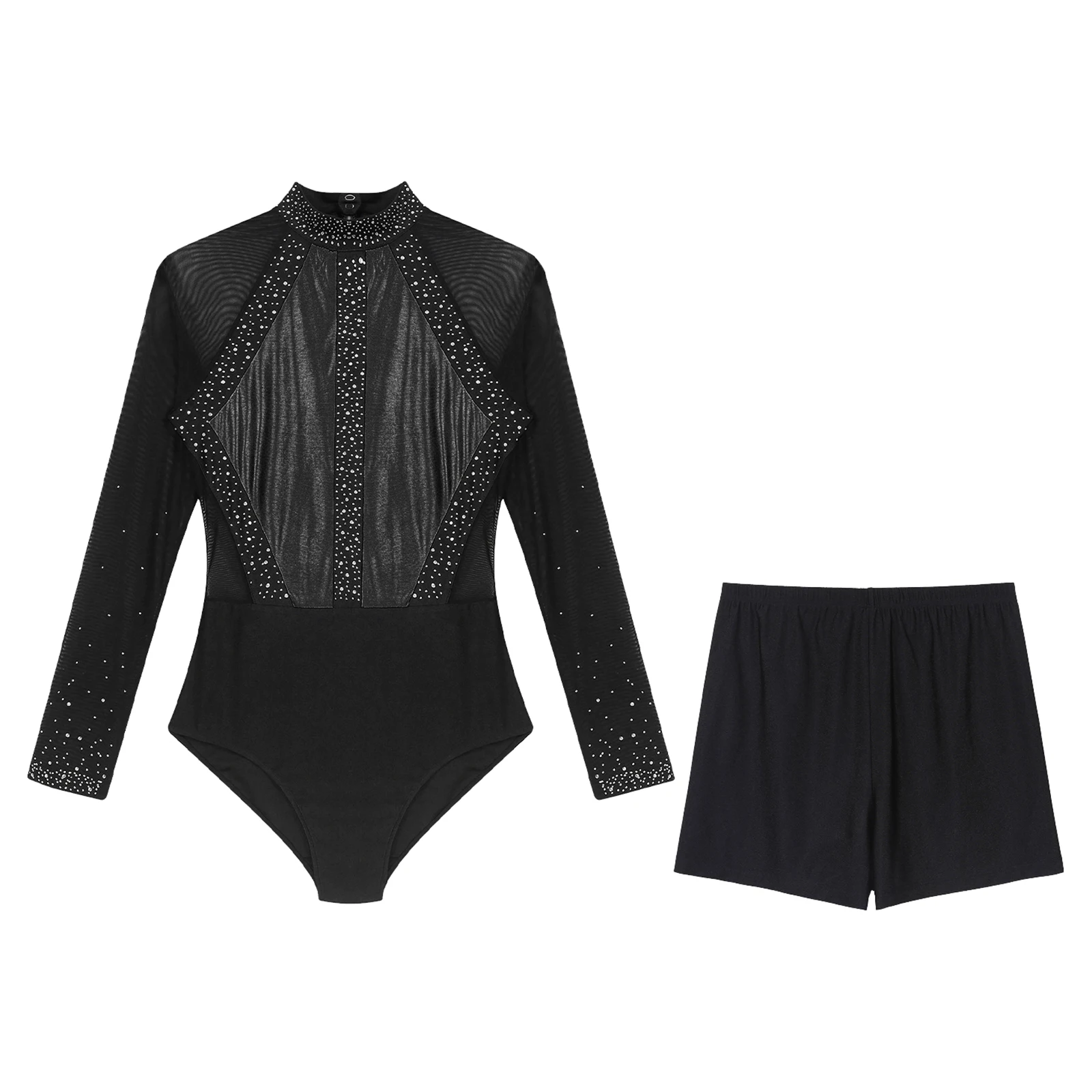 Women Figure Skating Leotard Set Long Sleeve Rhinestones Sheer Mesh Bodysuit with Shorts for Gymnastics Ballet Dance Acrobatics