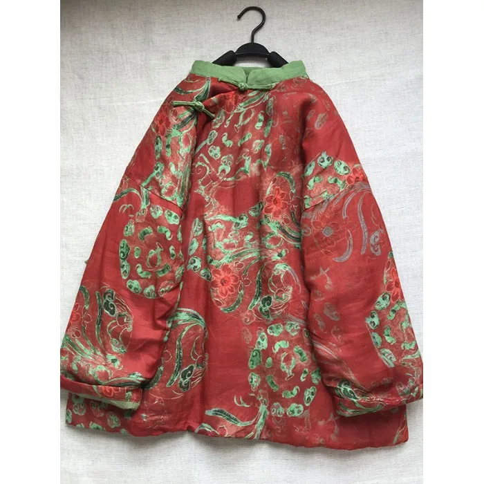 

Красная хлопковая куртка с принтом, женское зимнее пальто на пуговицах в стиле ретро, свободная верхняя одежда с длинным воротником-стойкой све