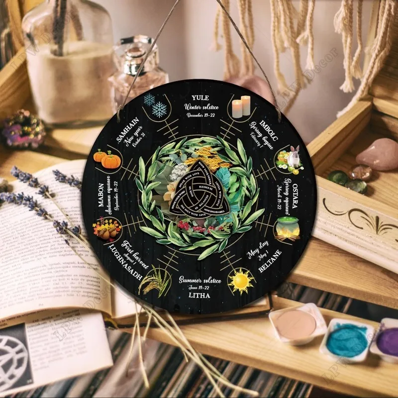 1pc Wheel of The Year Wood Sign Wicca Calendar Yule Altar with Knot Pattern Witches Runes Sabbats Pagan Sign