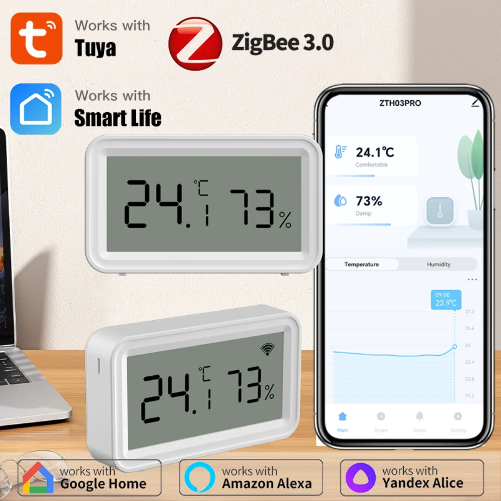 Tuya Zigbee 3.0 Temperature Humidity Sensor Home Automation Remote Connect Smart Life Work with Alexa Google Home Assistant