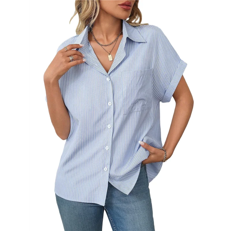 

AOAO-Women's Loose Short Sleeve Pocket Casual Striped Shirt