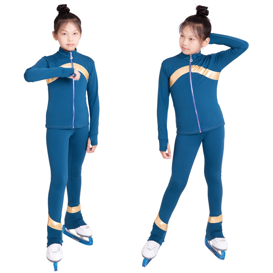 New Ice Figure Skating Jacket Pants Women Girl Trousers Top Black Teens Children Kids Colored Blue Rhinestones Training