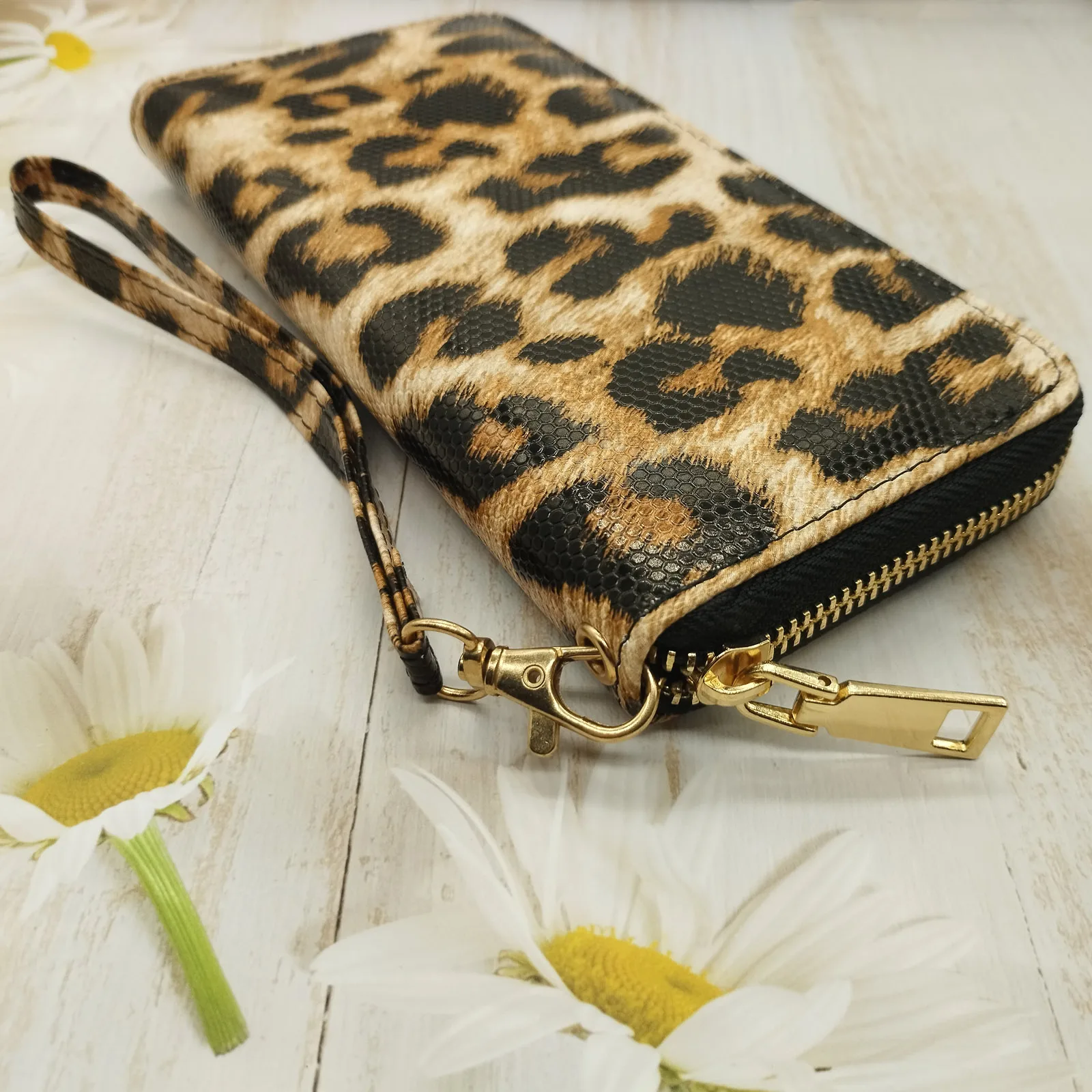 Portafoglio lungo alla moda con motivo leopardato, porta carte di credito portatile con braccialetti, borsa perfetta per l\'uso quotidiano