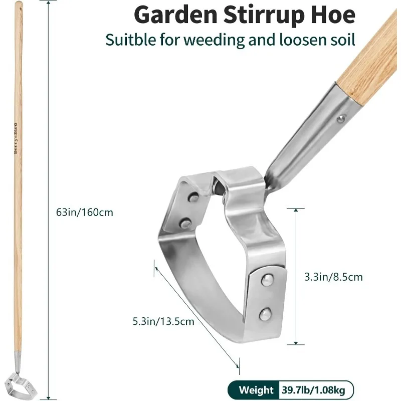 Garden Weeder Hoe, 63'' Stainless Steel Hula Hoe for Weeding, Stirrup Hoe for Gardening Loop Scuffle Hoe with Wooden