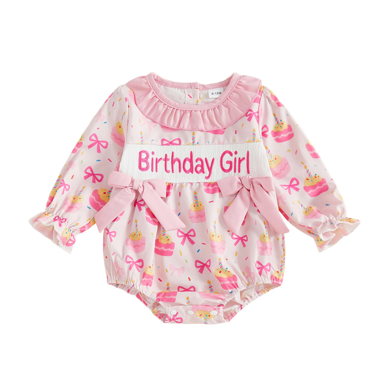 

Комбинезон на день рождения для маленьких девочек с украшениями в виде банта, боди с длинными рукавами и рюшами, круглым вырезом и принтом кексов