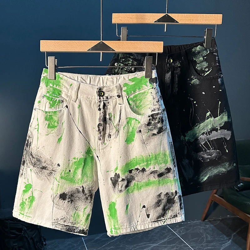 Fashion paint printing design denim shorts men's summer handsome street style trendy unique graffiti loose shorts
