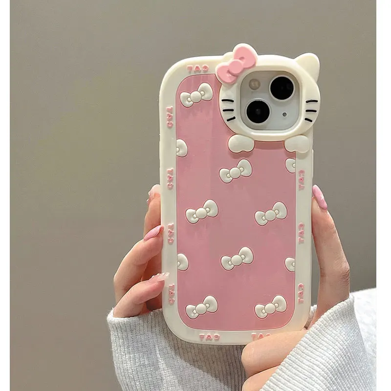 NEW Sanrio Hello Kitty 3D Bow KT Head Phone Case for iPhone 16 15 14 13 12 11 Pro Max Cartoon Y2K Pink Kawaii Silicone Cover