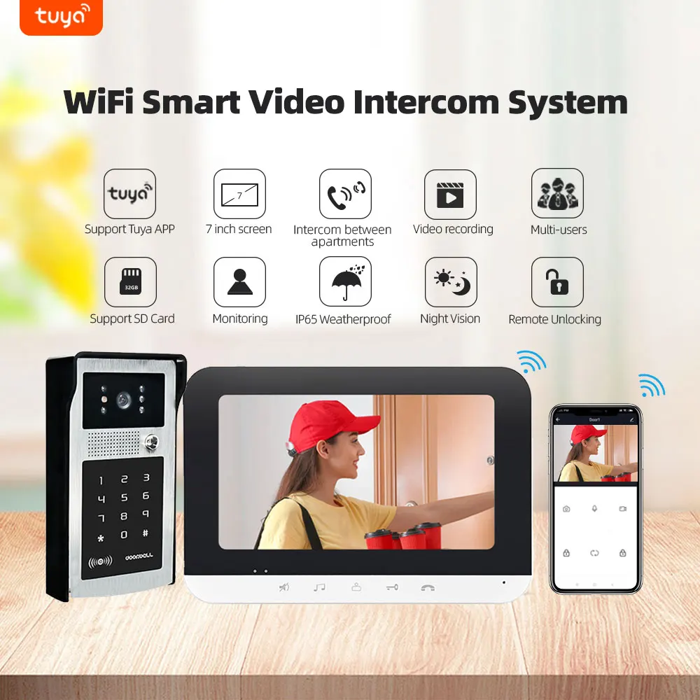 Smart Tuya WiFi 7inch Video Doorbell Waterproof Outdoor Door bell Intercom System Door Phone Camera With ID Card Key Password