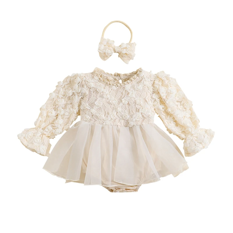 Baby Girls Autumn Romper Dress Long Sleeve Lace Floral Tulle Patchwork Romper with Headband