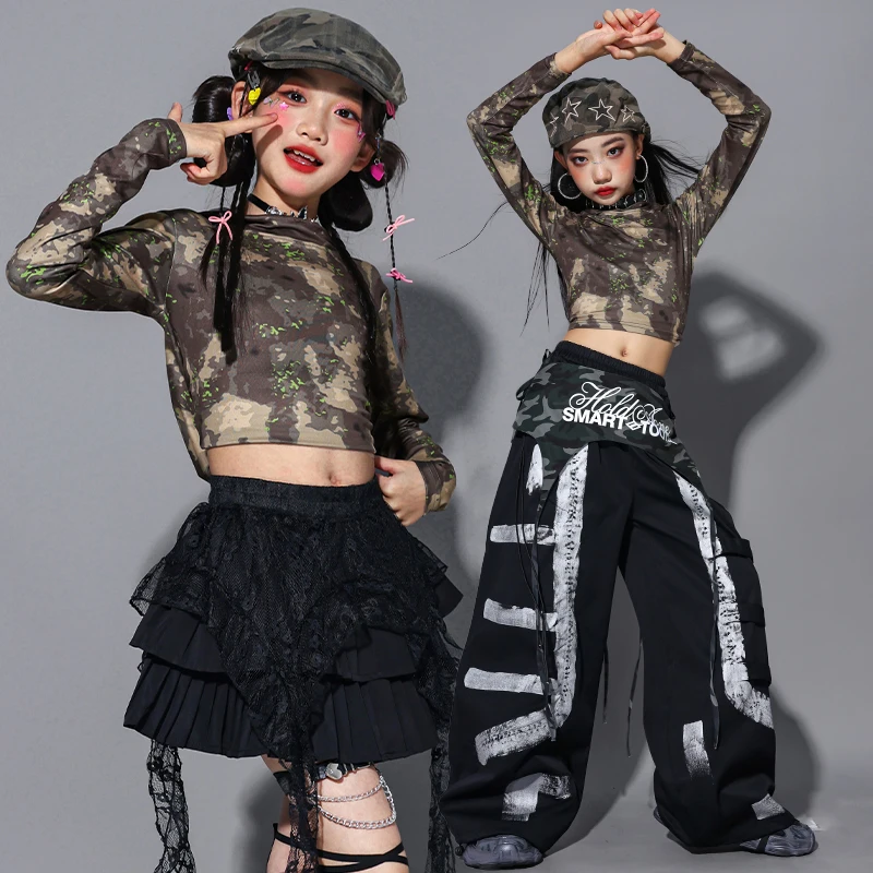 

Укороченный топ с капюшоном K-pop для девочек, контрастные штаны для уличных танцев, детские уличные костюмы в стиле хип-хоп, детские комплекты одежды для джазовых девочек