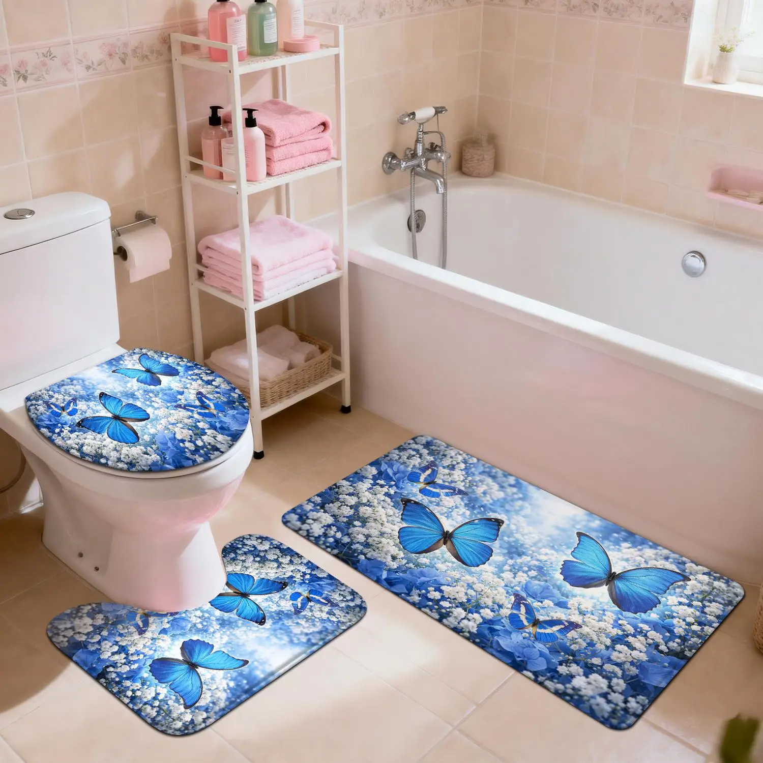 

Blue Butterfly Floral Bath Mat Set | Bathroom Rug for Home Decor Accessories