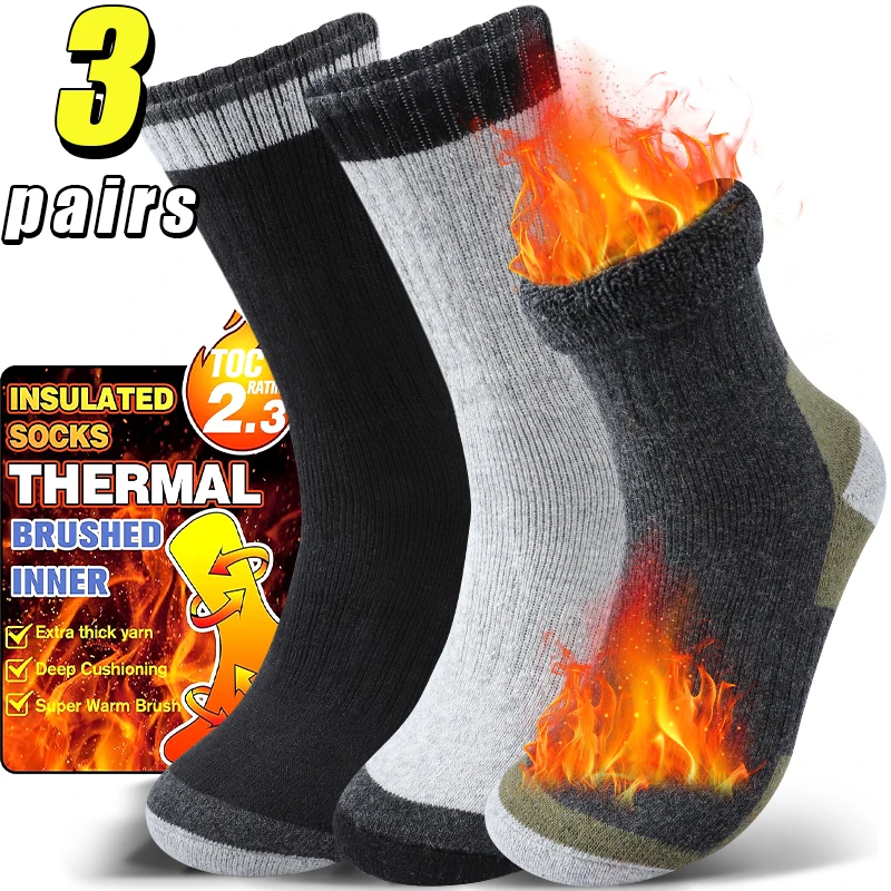 

3 Pairs Thick Wool Socks for Men Winter Thermal Mid Tube Socks Against Cold Snow Terry Socks Merino Wool Male Women