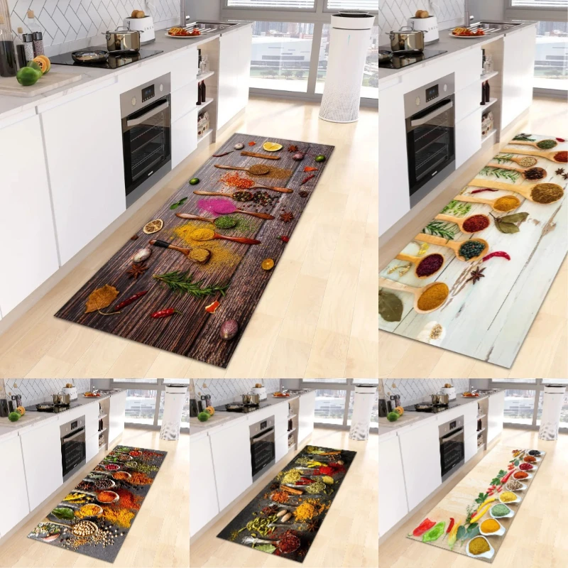 Scandinavian Waterproof Rug Antibacterial Stain Resistant Spice Printed Machine Washable Modern Kitchen Rugs Home Decor