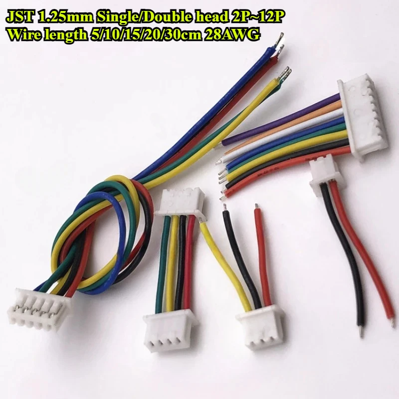 

50Pcs JST1.25mm Single/Double head 2P/3P/4P/5/6/7/8/9/10/12P Terminal Wire Cable Connector 5/10/15/20/30cm 28AWG Electronic Wire