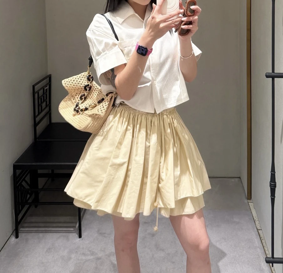 Asymmetric High Waist Cotton  Skirt with Bow Tie Double Layer Pleated A-Line Half Body Short Skirts for Women