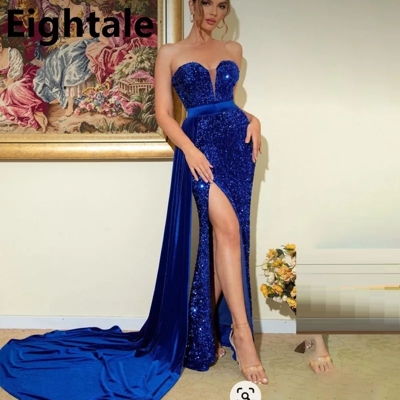 

Eightale Customized Royal Blue Sexy Slit Prom Dress Mermaid Sweetheart Sequins Evening Dress Abiye Formal Party Gown