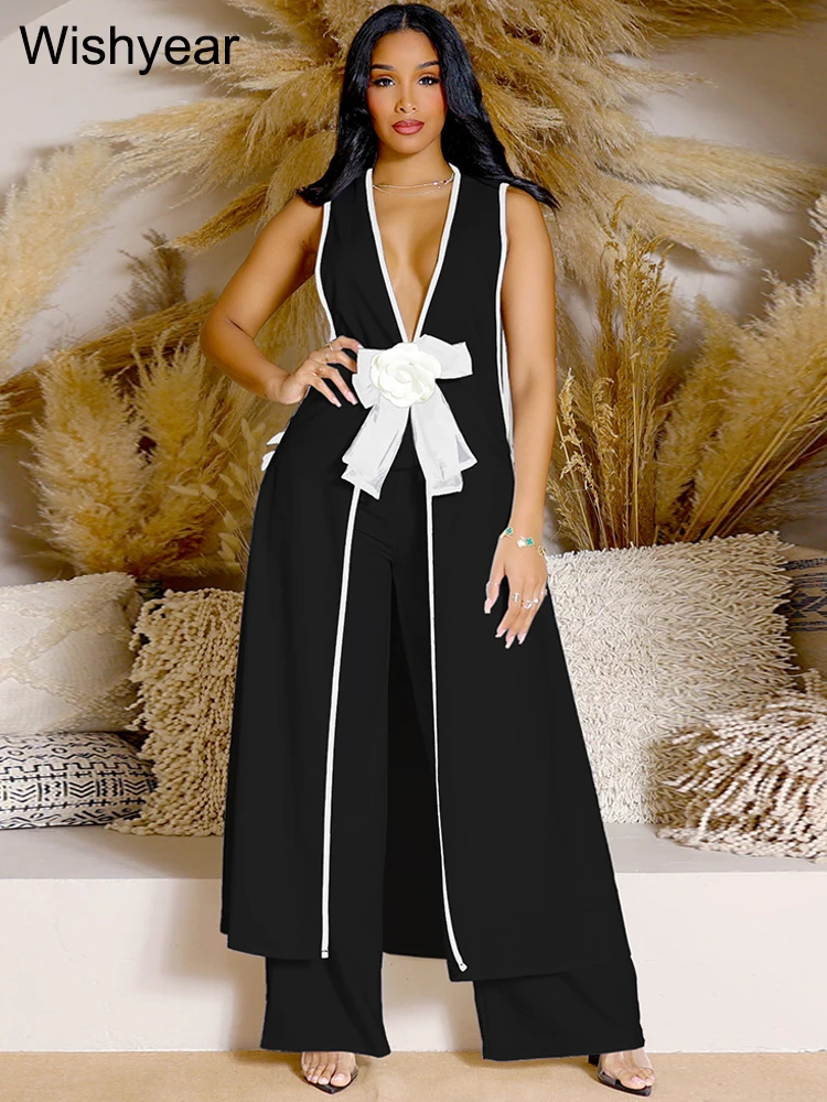 Elegant 3D Flower Bow Loose Black Outfits Women Wide Leg Pants and Sleeveless Split Long Dress Two Pieces Set Birthday Clubwear