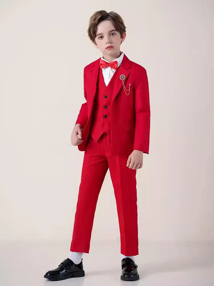 

Kids Birthday Wedding Tuxedo Dress Children Red Photography Suit Flower Boys Jacket Vest Pants Bowtie 4PCS Ceremony Costume