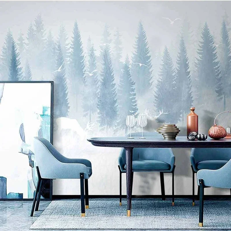 Foto Wallpapers Nordic handgeschilderde Dromerige Sneeuw Cartoon Bos Elanden Muurschildering Woonkamer TV Achtergrond Home Decor Wandbekleding