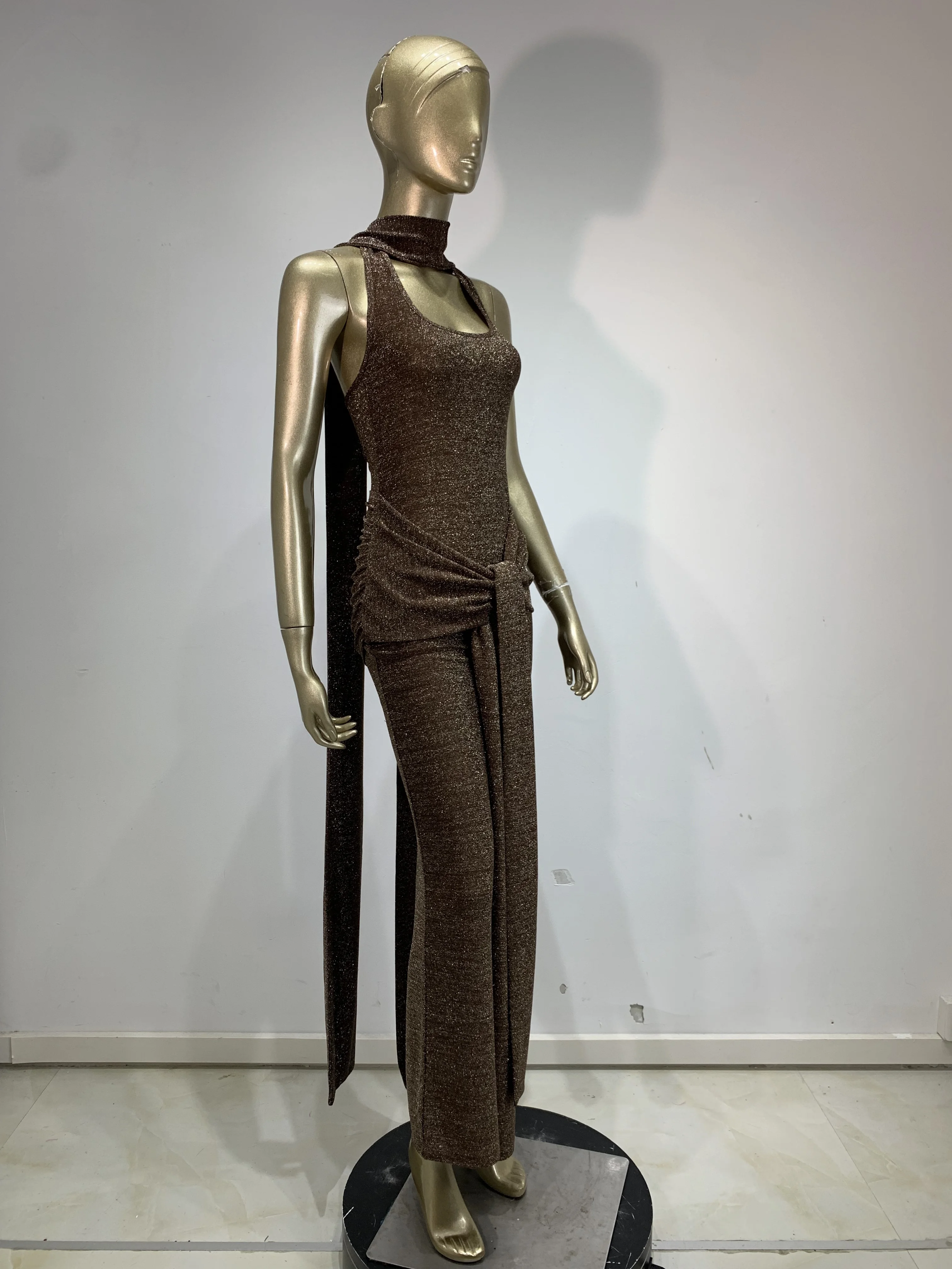 Femmes de luxe marron vif robe d'été Style Patchwork avec écharpe longue célébrité soirée Club robe de soirée haute rue vacances tissu