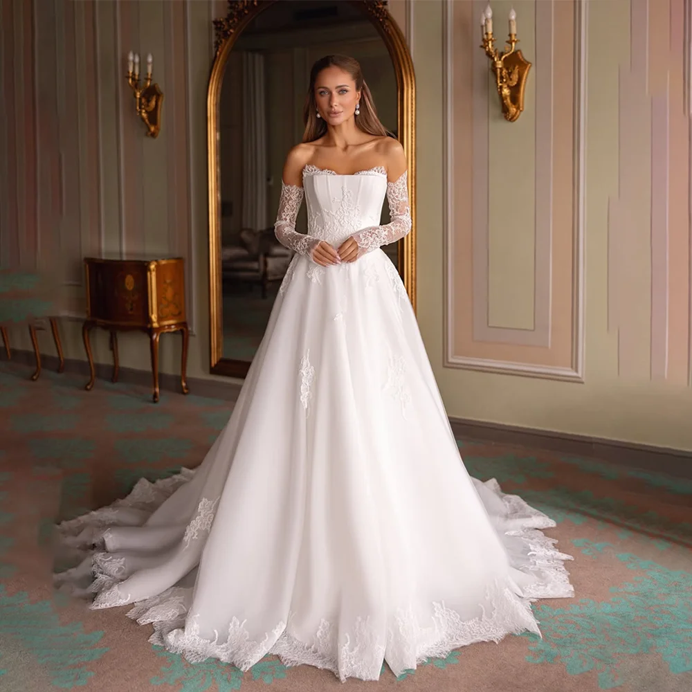 

Elegant Off Shoulder Lace Applique Boho Beach A Line Wedding Dresses Sweep Train Custom Made 2025 robe de mariée