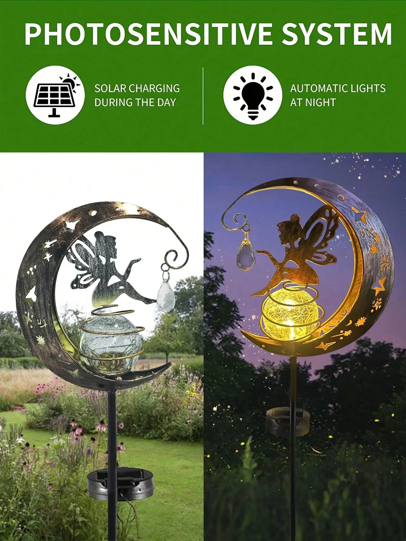 مصابيح القمر والجنية الشمسية، حصة معدنية من الزجاج المفرقع، مصابيح LED مقاومة للماء للحديقة والممر (عبوة واحدة) #4