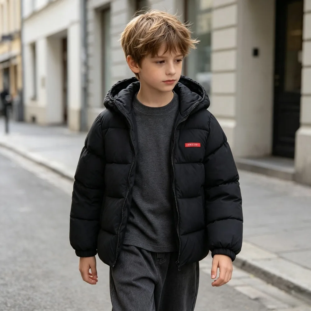 Winter Kid's Hooded Quilted Coat Fleece Lined Zip Up Jacket with Red Label Detail Warm Thermal Outerwear for Cold Weather Play