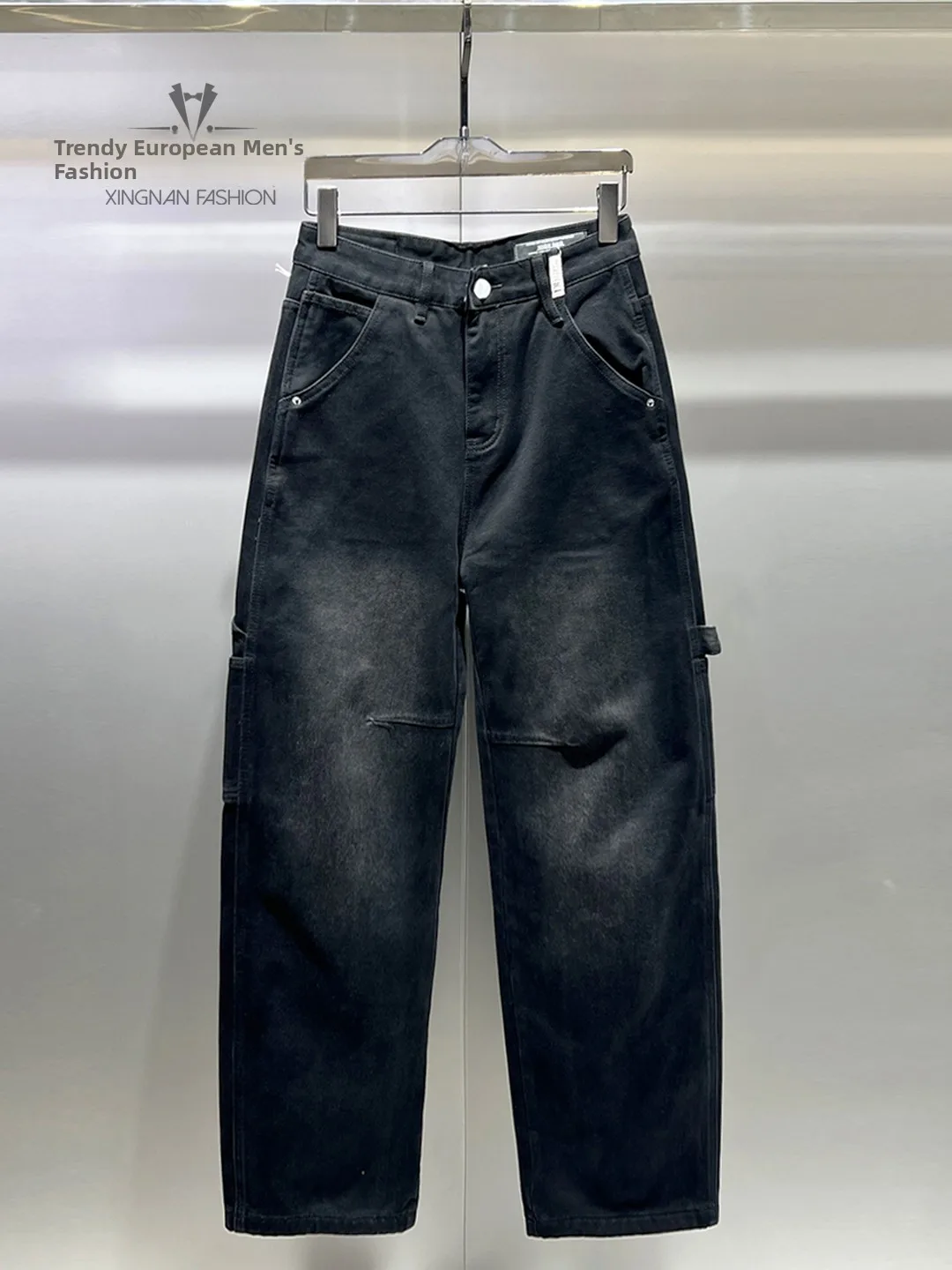 

Winter Men's Workwear Sle Knife Fce Lined Loose Fit Jeans Multi ket Design Casual Straight Leg Blue Denim Trousers