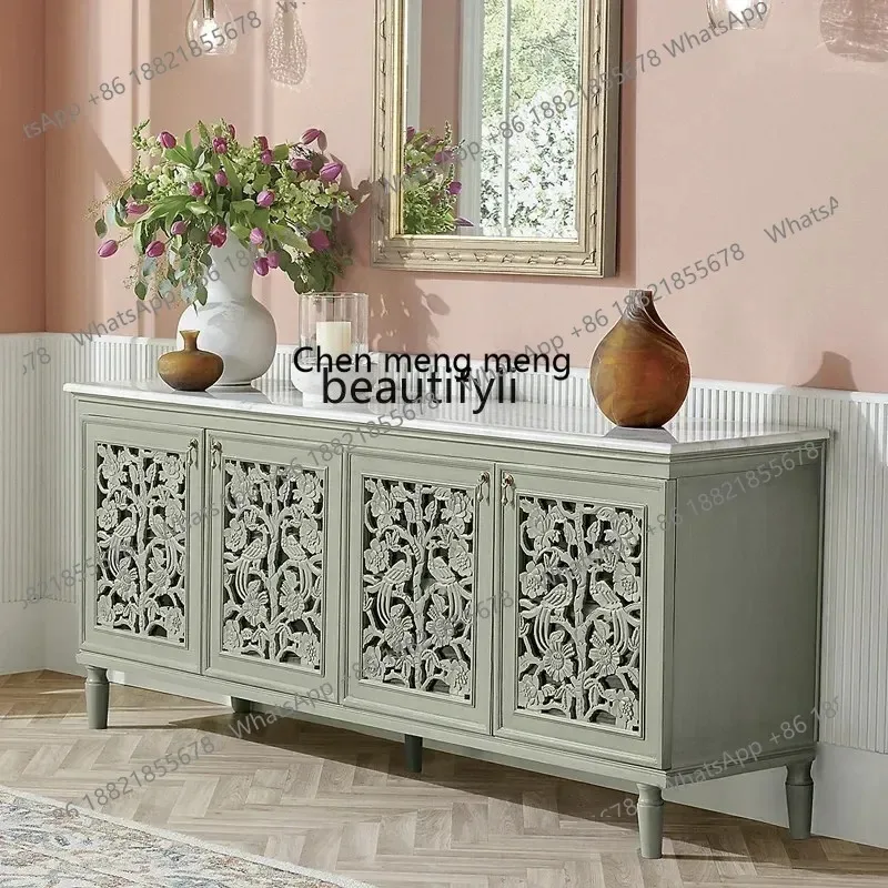 

A R0R French retro solid wood sideboard American hollow carving multi-function living room wall entrance entrance cabinet